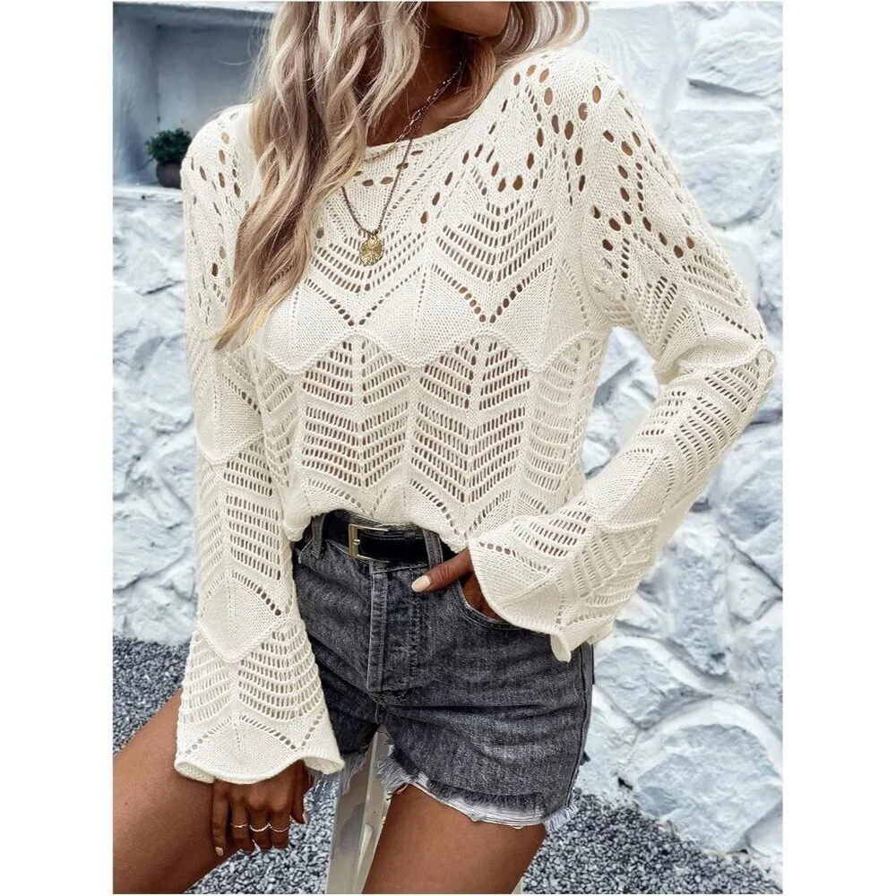 Women's Crochet Sweater Hollow Out Lightweight Crew Neck Long Sleeve Knit Top